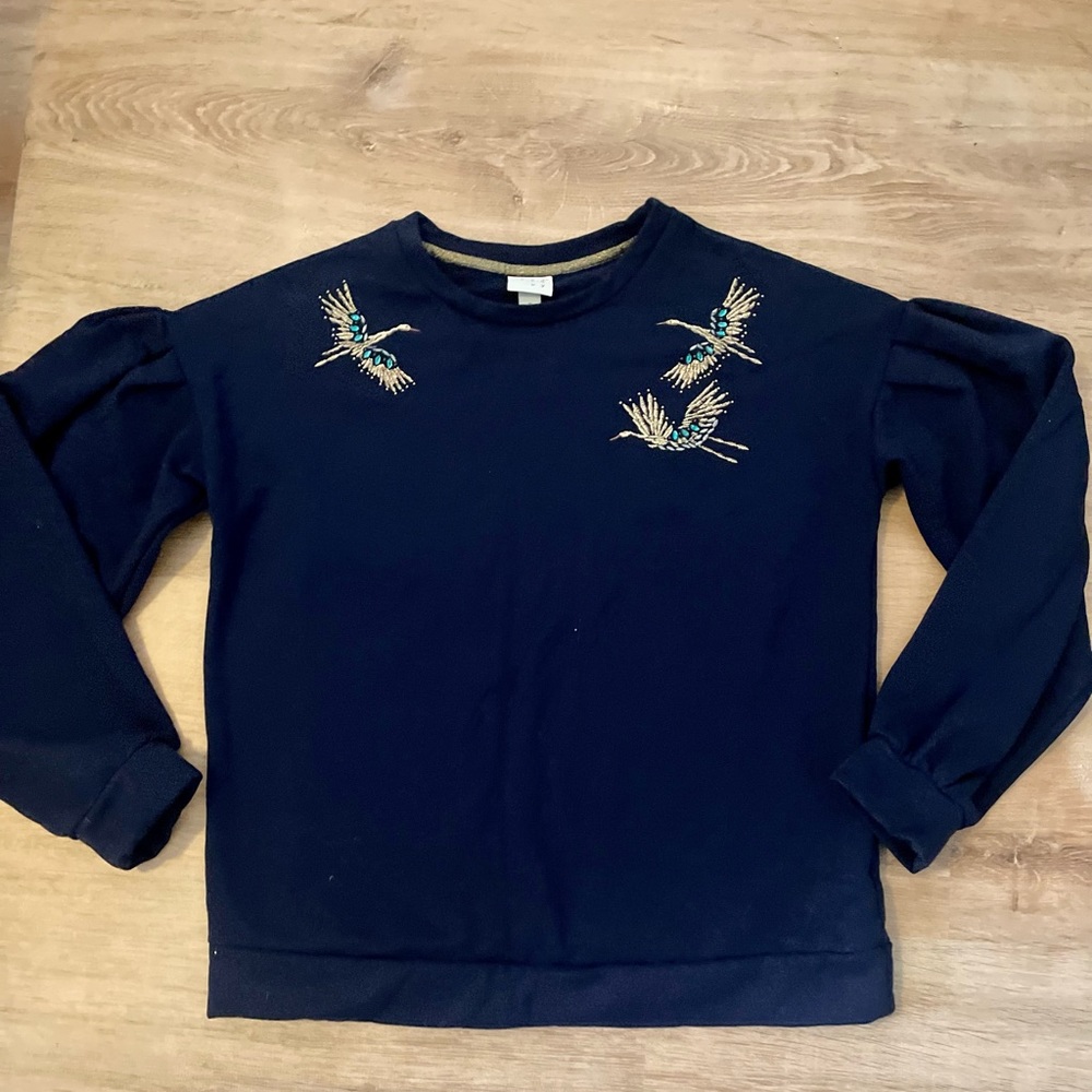 Navy blue, embellished sweatshirt with puffed sleeves, size S